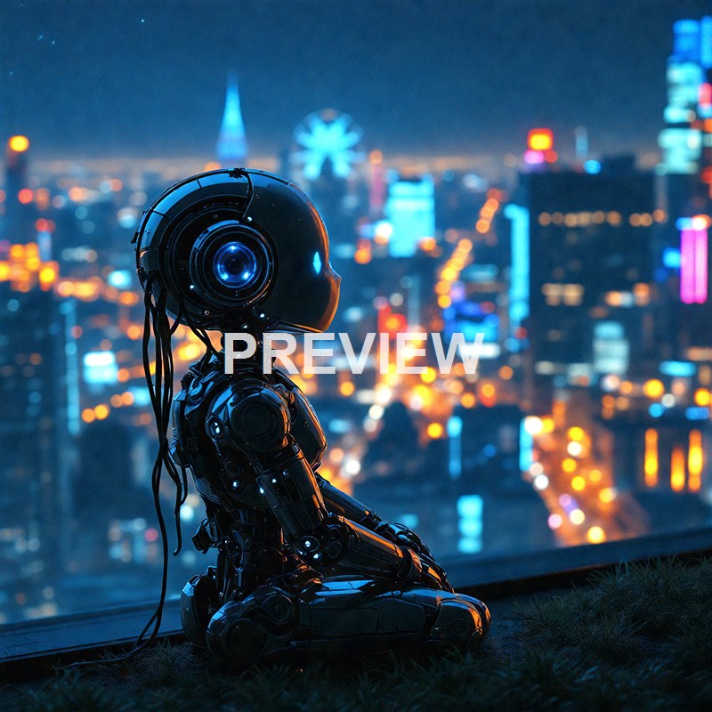 A humanoid robot with a sleek, black, and shiny exterior is sitting on a grassy surface, gazing out over a brightly lit cityscape at night with colorful lights and tall buildings.